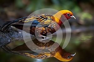 A Golden Pheasant drinking from a pond or stream, with its reflection visible in the water