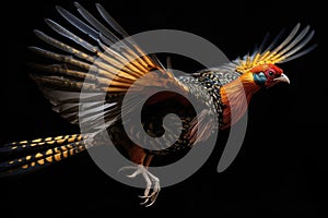 A Golden Pheasant in mid-flight, with its wings spread wide and its feathers visible in motion