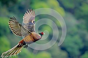 golden pheasant in midflight with wings fully spread photo