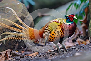 golden pheasant with tail feathers fanned out