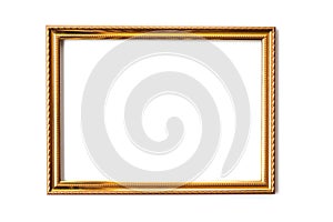 Golden photo frame on white background.