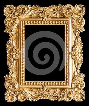 Golden picture frame baroque style Vintage object black background