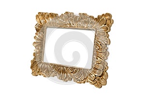 Golden picture frame empty and isolated on white background. Vintage, decorative element with free space for your design