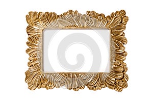 Golden picture frame empty and isolated on white background. Vintage, decorative element with free space for your design