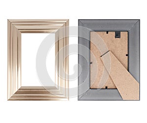 Golden picture frame in front and back view with a separate stand on white background
