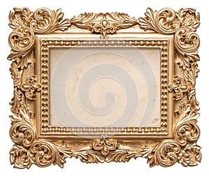 Golden picture frame with grungy canvas. Vintage baroque object