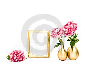 Golden picture frame pink peony flowers. Minimal decoration