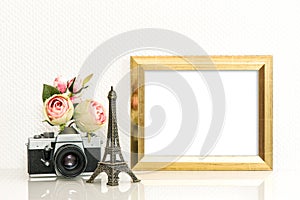 Golden picture frame rose flowers vintage camera Paris travel