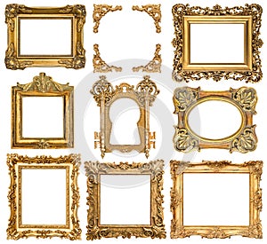 Golden picture frames. Baroque style antique objects