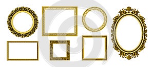Golden picture frames. Royal antique photo border. Empty interior old style ornamental wall elements. Round and square