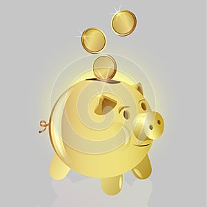 Golden pig piggy bank with falling coins