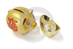 Golden Piggy Bank with Gold Ingot