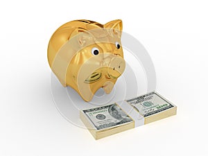 Golden piggy bank looking at dollar pack.