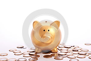 Golden piggy bank with savings in coins of the Brazilian money