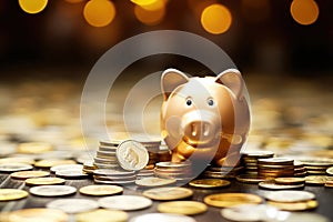 Golden Piggy Bank Surrounded by Piles of Coins - Wealth and Savings Concept