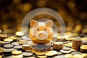 Golden Piggy Bank Surrounded by Piles of Coins - Wealth and Savings Concept