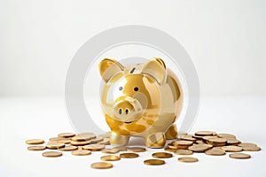 Golden piggy bank on white table with golden coins. Golg piggybank, money box. Money saving concept. AI Generated photo