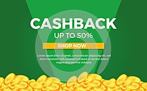 Golden pile money concept illustration for cashback promotion ecommerce poster banner template with green background