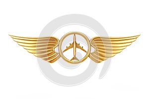 Golden Pilot Wing Emblem, Badge or Logo Symbol. 3d Rendering