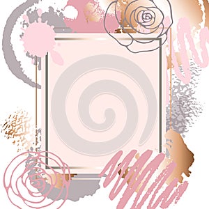 Golden pink art frames. Pastel rose colors brush strokes, pink g