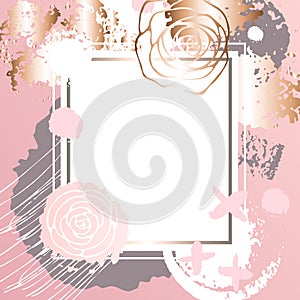 Golden pink art frames. Pastel rose colors brush strokes, pink g