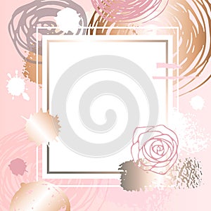 Golden pink art frames. Pastel rose colors brush strokes, pink g