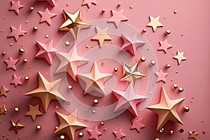 Golden and pink star shape confetti of different sizes on the pink background. Generative AI