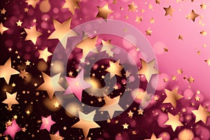 Golden and pink star shape confetti on the pink background. Generative AI