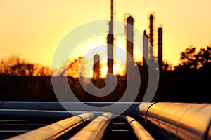 Golden pipe system against the sun in oil crude refinery