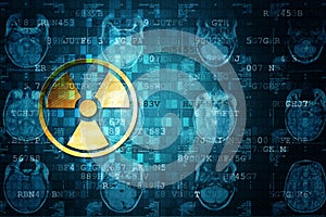 Golden Pixelated Radiation icon on blue digital background with copy space. Science concept