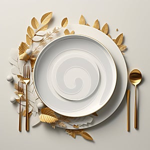 golden place setting with a white plate silverware and gold cutlery