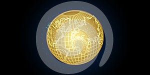 Golden planet Earth with glowing lights on dark background