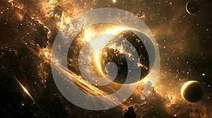 Golden planet in a nebula with rings and other celestial bodies