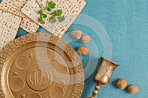 Golden plate for Seder Pesach. Jewish Passover holiday