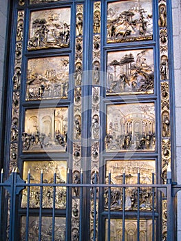 Golden plated door of a church in San Francisco, California, USA