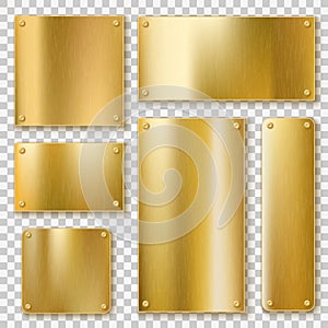 Golden plates. Gold metallic yellow plate, shiny bronze banner. Polished textured blank label with screws realistic