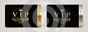 Golden and platinum VIP card template - type design with crown, flourishes element and laurel wreath on a black background.