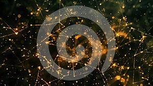 Golden Plexus Network: Abstract Tech Background With Connected Lines And Dots