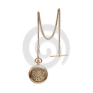 Golden pocket with chain watch isolated on a white background