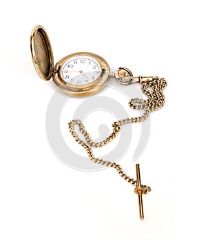 Golden pocket with chain watch isolated on a white background