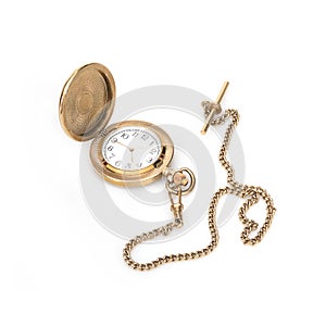 Golden pocket with chain watch isolated on a white background