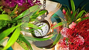 Golden Pocket Clock Running decorated with Flowers