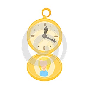 Golden pocket watch icon, cartoon style