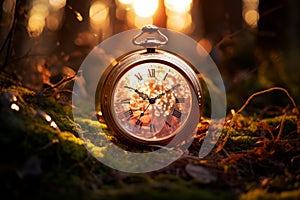 a golden pocket watch sitting in the middle of a forest