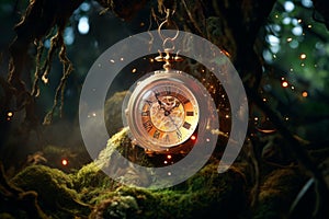 a golden pocket watch sitting in the middle of a forest