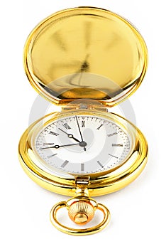 Golden pocket watch on white background