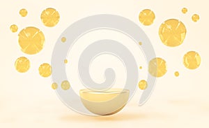 Golden podium with bubbles oil, serum or essence drops on beige background, 3d render. Mockup abstract geometric stage