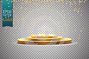 Golden podium with a spotlight on a dark background, with fog and confetti, the first place, fame and popularity. Vector