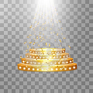 Golden podium with a spotlight on a transparent background, with confetti, the first place, fame and popularity. Vector