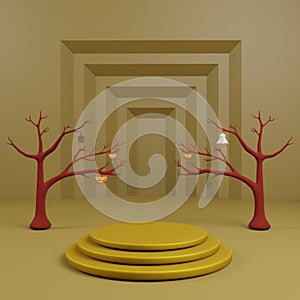 Golden podium or stage background have dead tree halloween scene